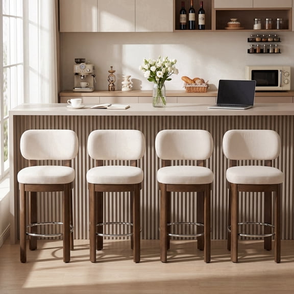 Guyou 26" Bar Stools Set of 4, Modern Linen Upholstered Counter Height Bar Stools, Farmhouse Armless Bar Chairs with Solid Wood Legs & Padded Back for Kitchen Island/Dining Room Bar, Beige