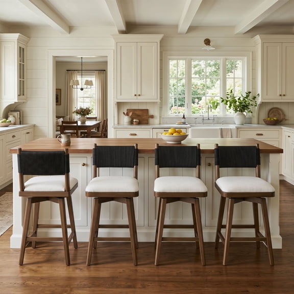 Guyou 26" Bar Stools Set of 4 - Swivel Counter Height Farmhouse Stools with Woven Back & Line Fabric Upholstery, Solid Wood Frame Kitchen Island Stools for Pub or Home, Black Back