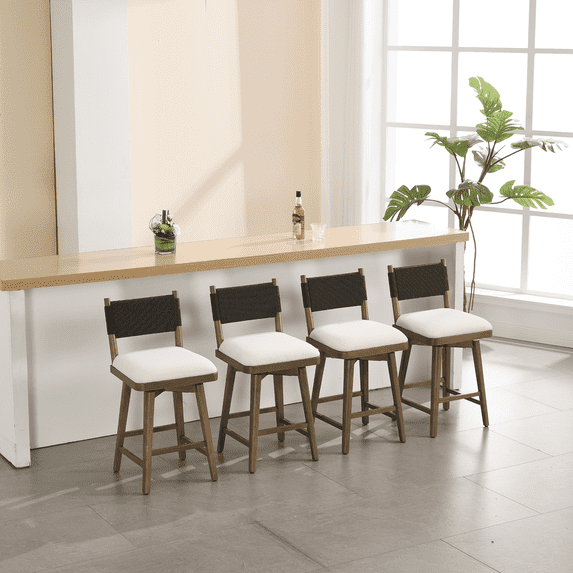Guyou 26" Bar Stools Set of 4 - Swivel Counter Height Farmhouse Stools with Woven Back & Line Fabric Upholstery, Solid Wood Frame Kitchen Island Stools for Pub or Home, Black Back