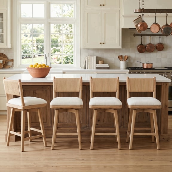 Guyou 26" Bar Stools Set of 4 - Swivel Counter Height Farmhouse Stools with Woven Back & Line Fabric Upholstery, Solid Wood Frame Kitchen Island Stools for Pub Home, Natural Back