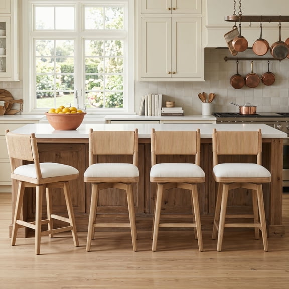 Guyou 26" Bar Stools Set of 4 - Swivel Counter Height Farmhouse Stools with Woven Back & Line Fabric Upholstery, Solid Wood Frame Kitchen Island Stools for Pub or Home, Natural Back