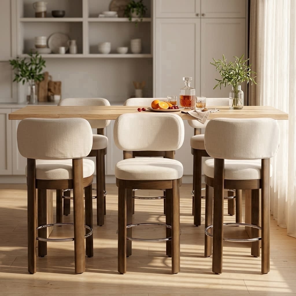Guyou 26" Bar Stools Set of 6, Modern Linen Upholstered Counter Height Bar Stools, Farmhouse Armless Bar Chairs with Solid Wood Legs & Padded Back for Kitchen Island/Dining Room Bar, Beige
