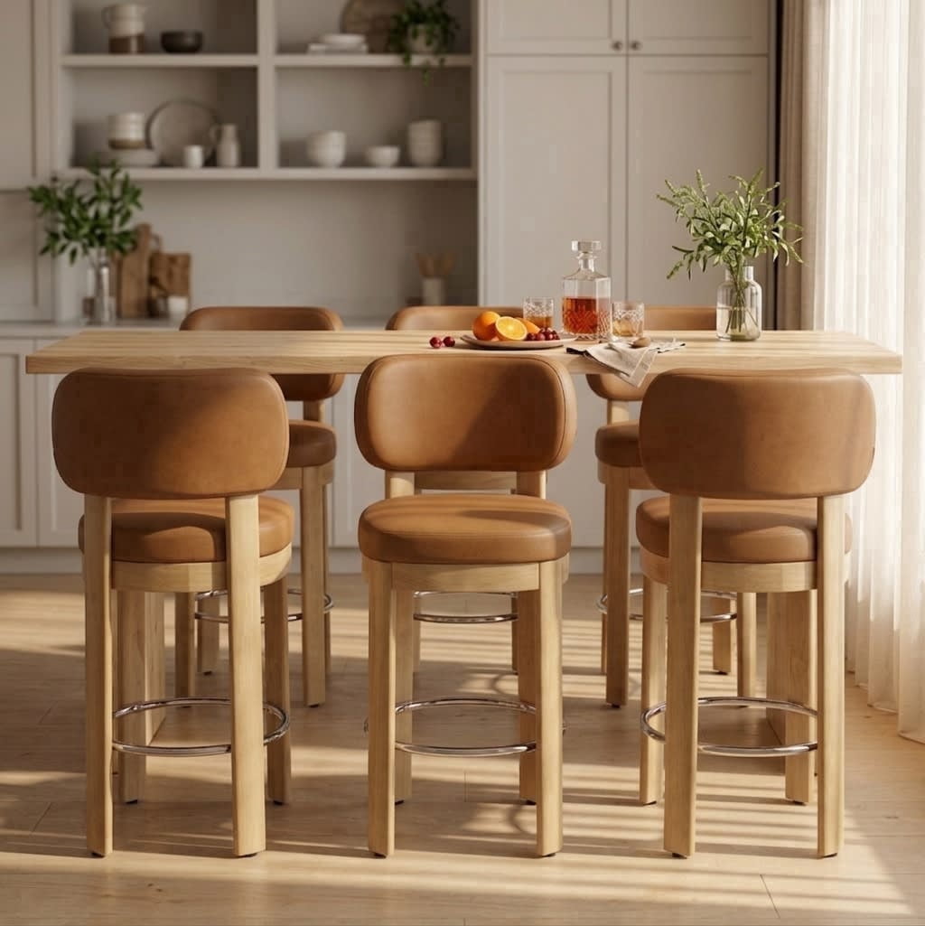 Guyou 26" Bar Stools Set of 6, Modern PU Upholstered Counter Height Bar Stools, Farmhouse Armless Bar Chairs with Solid Wood Legs & Padded Back for Kitchen Island/Dining Room Bar, Brown