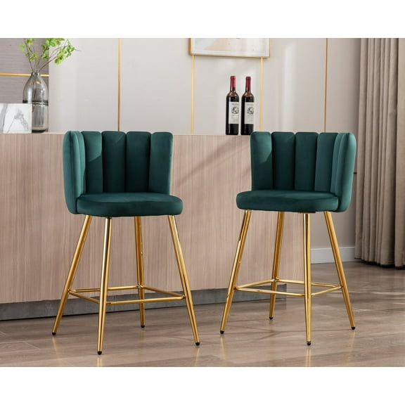 Guyou 26" Counter Height Bar Stool Set of 2, Modern Velvet Upholstered Bar Stool with Channel Tufted Backrest and Metal Legs for Kitchen Island Bar Restaurant, Green