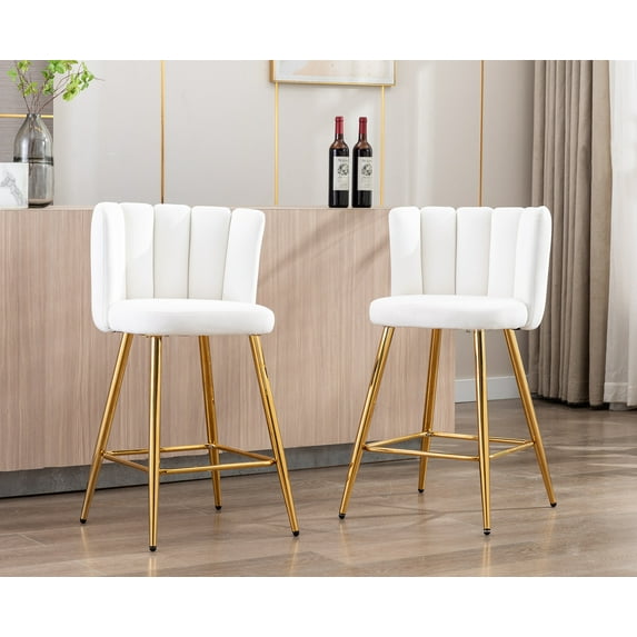 Guyou 26" Counter Height Bar Stool Set of 2, Modern Velvet Upholstered Bar Stool with Channel Tufted Backrest and Metal Legs for Kitchen Island Bar Restaurant, Cream
