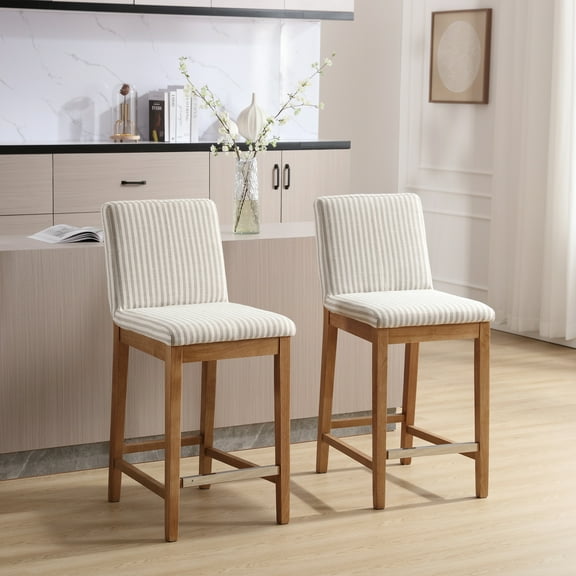 Guyou 26" Counter Height Bar Stools Set of 2, Modern Linen Upholstered Barstools, Rustic Farmhouse Wooden Kitchen Island Chairs with Backrest for Dining Room Home Bar Patio Club, Khaki Stripe