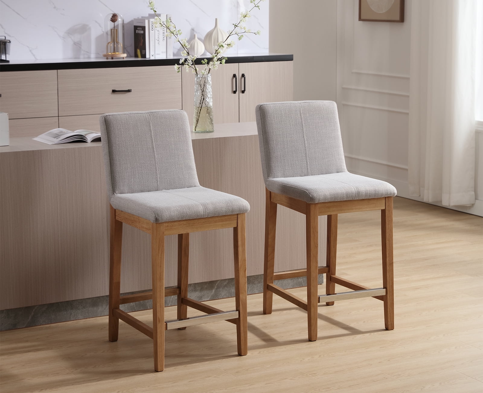 Guyou 26" Counter Height Bar Stools Set of 2, Modern Linen Upholstered Barstools, Rustic Farmhouse Wooden Kitchen Island Chairs with Backrest and Footrest for Dining Room Home Bar Patio Club, Grey
