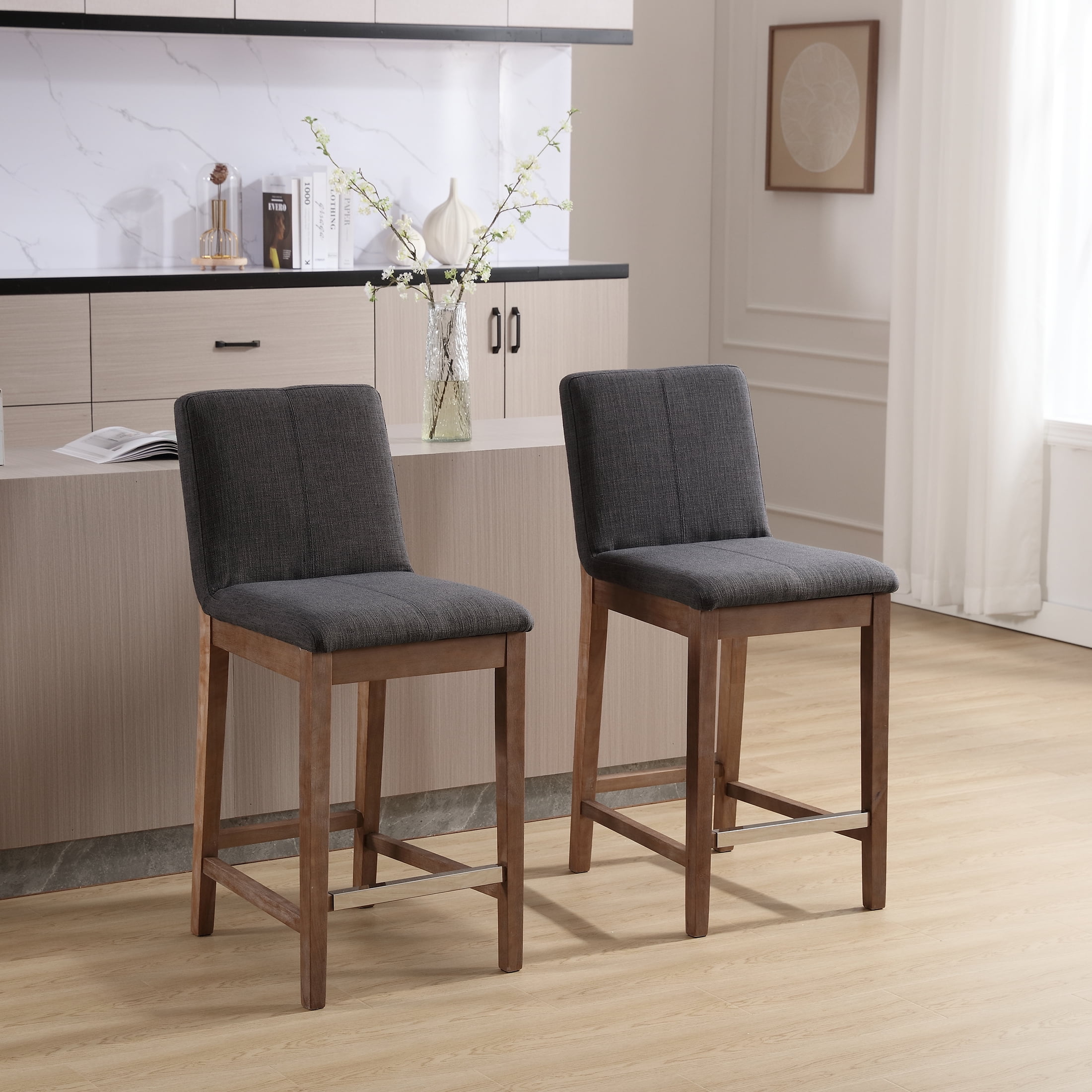 Guyou 26" Counter Height Bar Stools Set of 2, Modern Linen Upholstered Barstools, Rustic Farmhouse Wooden Kitchen Island Chairs with Backrest and Footrest for Dining Room Home Bar Patio Club, Charcoal