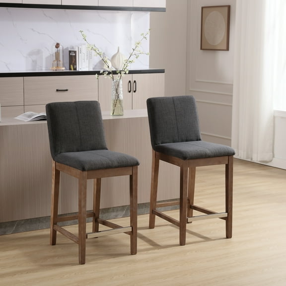 Guyou 26" Counter Height Bar Stools Set of 2, Modern Linen Upholstered Barstools, Rustic Farmhouse Wooden Kitchen Island Chairs with Backrest and Footrest for Dining Room Home Bar Patio Club, Charcoal
