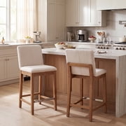 Guyou 26" Counter Height Bar Stools Set of 2, Modern Linen Upholstered Barstools, Rustic Farmhouse Wooden Kitchen Island Chairs with Backrest and Footrest for Dining Room Home Bar Patio Club, Beige