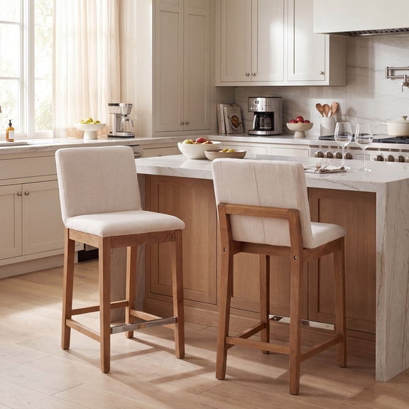 Guyou 26" Counter Height Bar Stools Set of 2, Modern Linen Upholstered Barstools, Rustic Farmhouse Wooden Kitchen Island Chairs with Backrest and Footrest for Dining Room Home Bar Patio Club, Beige