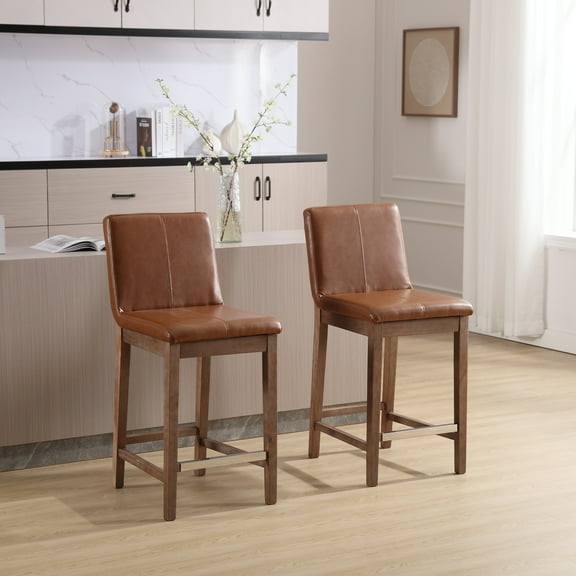 Guyou 26" Counter Height Bar Stools Set of 2, Modern PU Upholstered Barstools, Rustic Farmhouse Wooden Kitchen Island Chairs with Backrest and Footrest for Dining Room Home Bar Patio Club, Brown