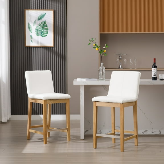 Guyou 26" Counter Height Bar Stools Set of 2, Modern PU Upholstered Barstools, Rustic Farmhouse Wooden Kitchen Island Chairs with Backrest and Footrest for Dining Room Home Bar Patio Club, White