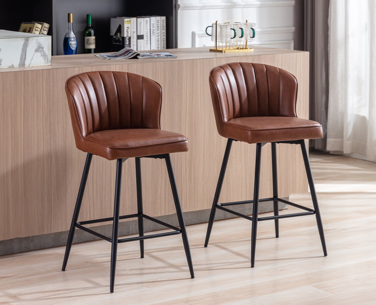 Guyou 26” Counter Height Bar Stools Set of 2, Modern PU Upholstered Kitchen Island Chairs, Barstools with Back and Footrest for Kitchen Island Pub Restaurant, Brown