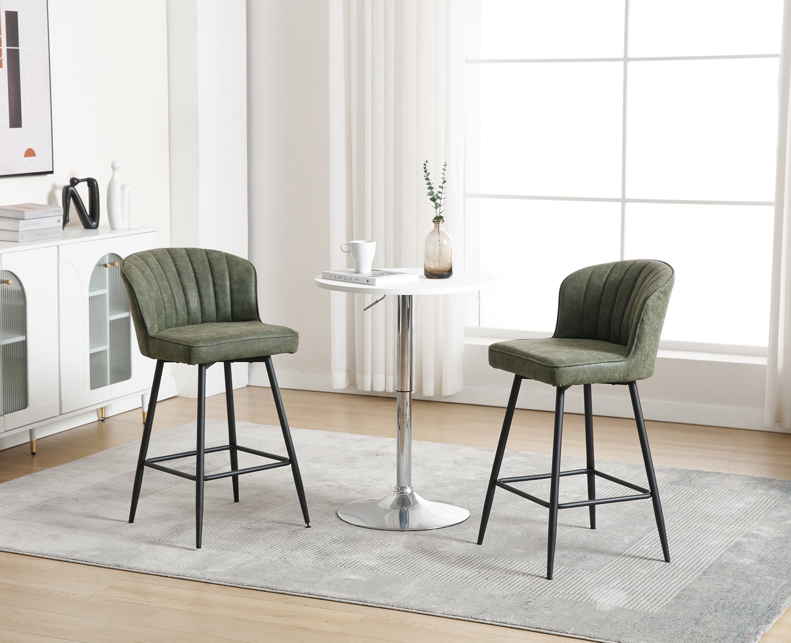 Guyou 26” Counter Height Bar Stools Set of 2, Modern PU Upholstered Kitchen Island Chairs, Barstools with Back and Footrest for Kitchen Island Pub Restaurant, Green