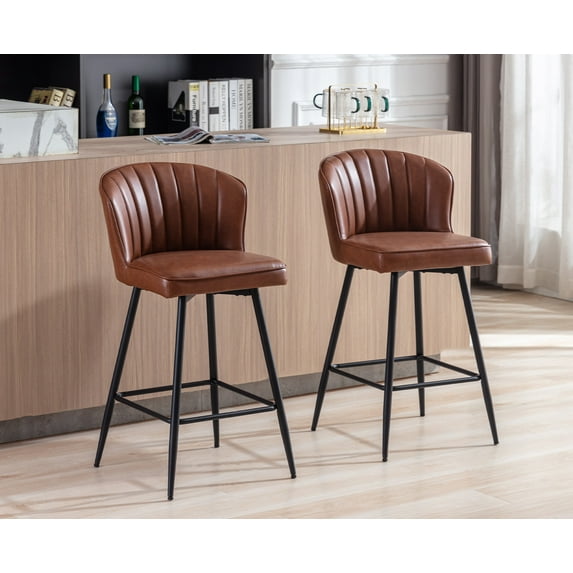 Guyou 26” Counter Height Bar Stools Set of 2, Modern PU Upholstered Kitchen Island Chairs, Barstools with Back and Footrest for Kitchen Island Pub Restaurant, Brown