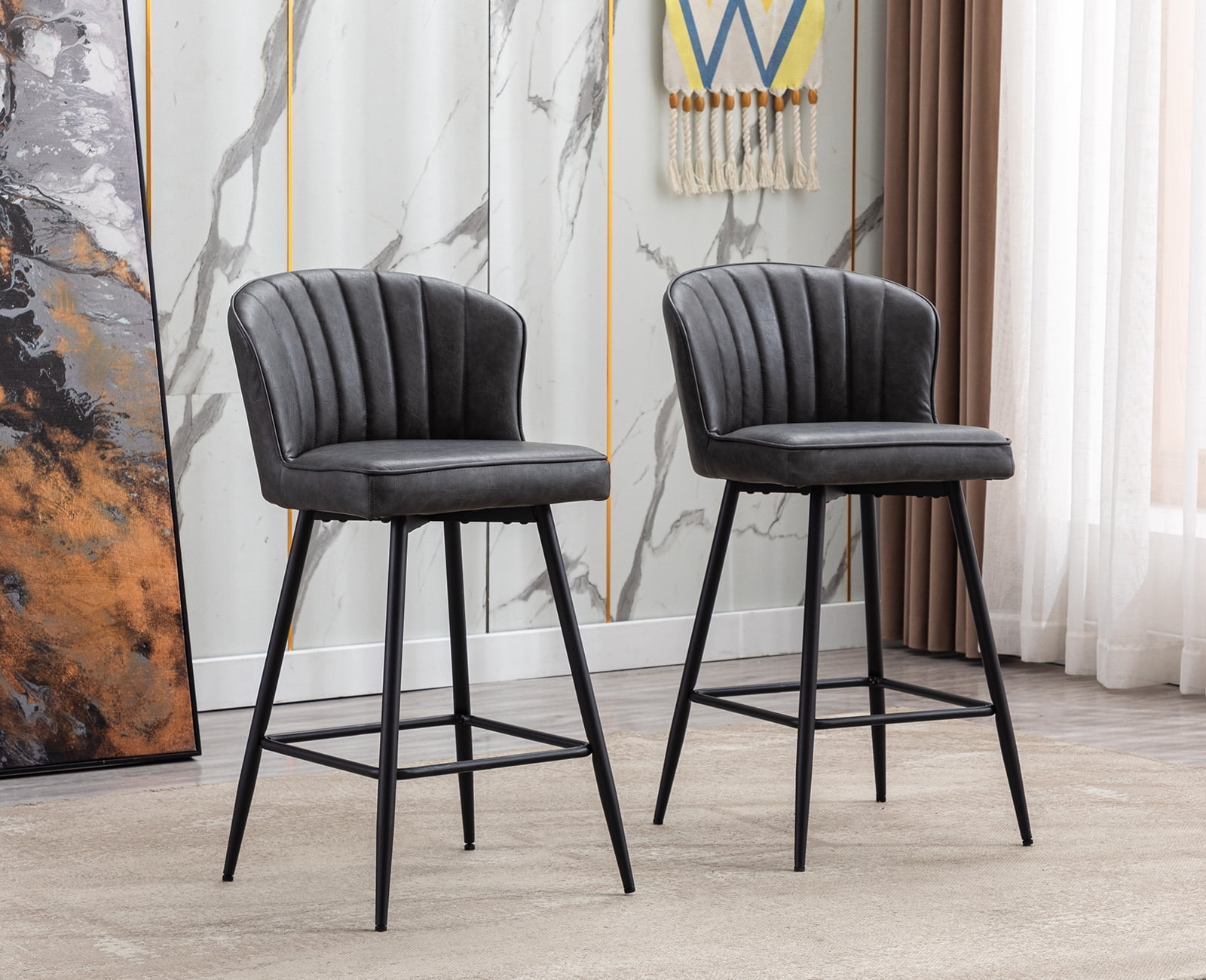 Guyou 26” Counter Height Bar Stools Set of 2, Modern PU Upholstered Kitchen Island Chairs, Barstools with Back and Footrest for Kitchen Island Pub Restaurant, Grey