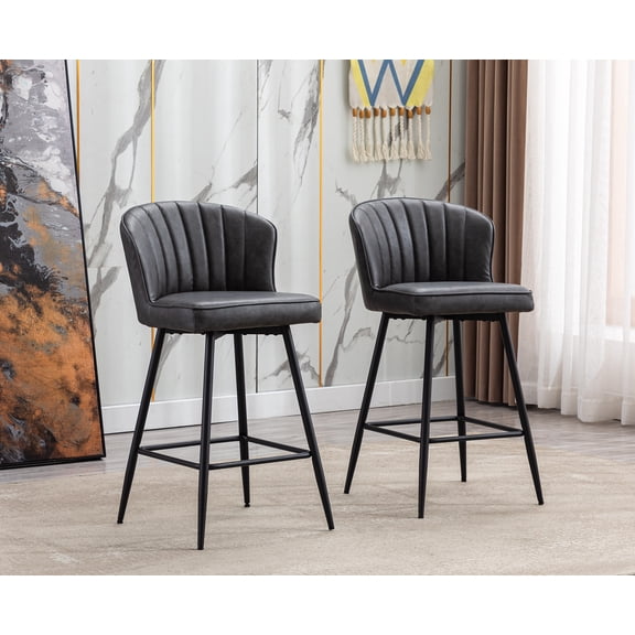 Guyou 26” Counter Height Bar Stools Set of 2, Modern PU Upholstered Kitchen Island Chairs, Barstools with Back and Footrest for Kitchen Island Pub Restaurant, Grey