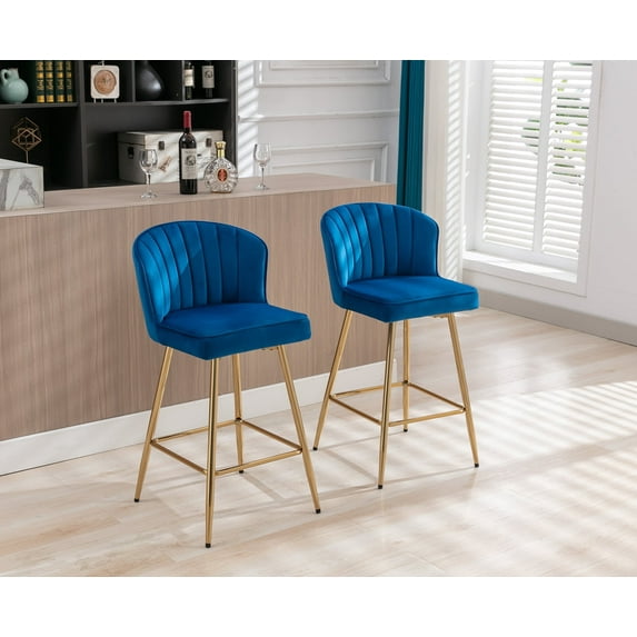 Guyou 26” Counter Height Bar Stools Set of 2, Modern Velvet Upholstered Kitchen Island Chairs, Barstools with Back and Footrest for Kitchen Island Pub Restaurant, Blue