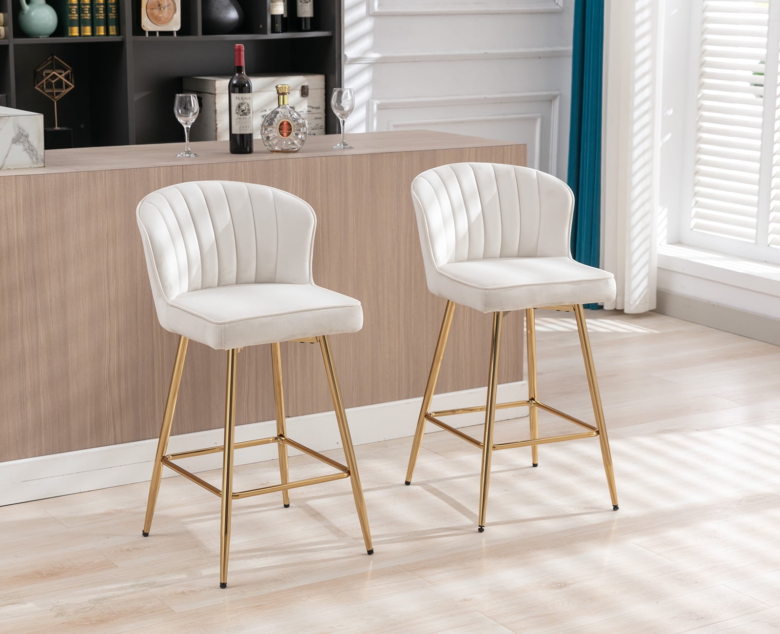 Guyou 26” Counter Height Bar Stools Set of 2, Modern Velvet Upholstered Kitchen Island Chairs, Barstools with Back and Footrest for Kitchen Island Pub Restaurant, Beige