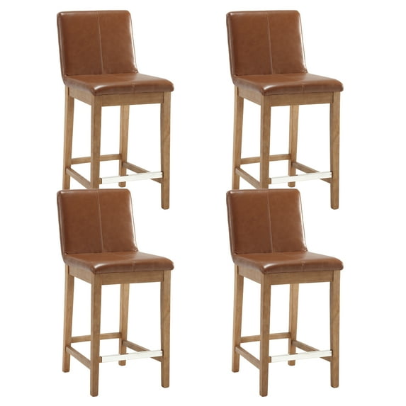 Guyou 26" Counter Height Bar Stools Set of 4, Modern PU Upholstered Barstools, Rustic Farmhouse Wooden Kitchen Island Chairs with Backrest and Footrest for Dining Room Home Bar Patio Club, Brown