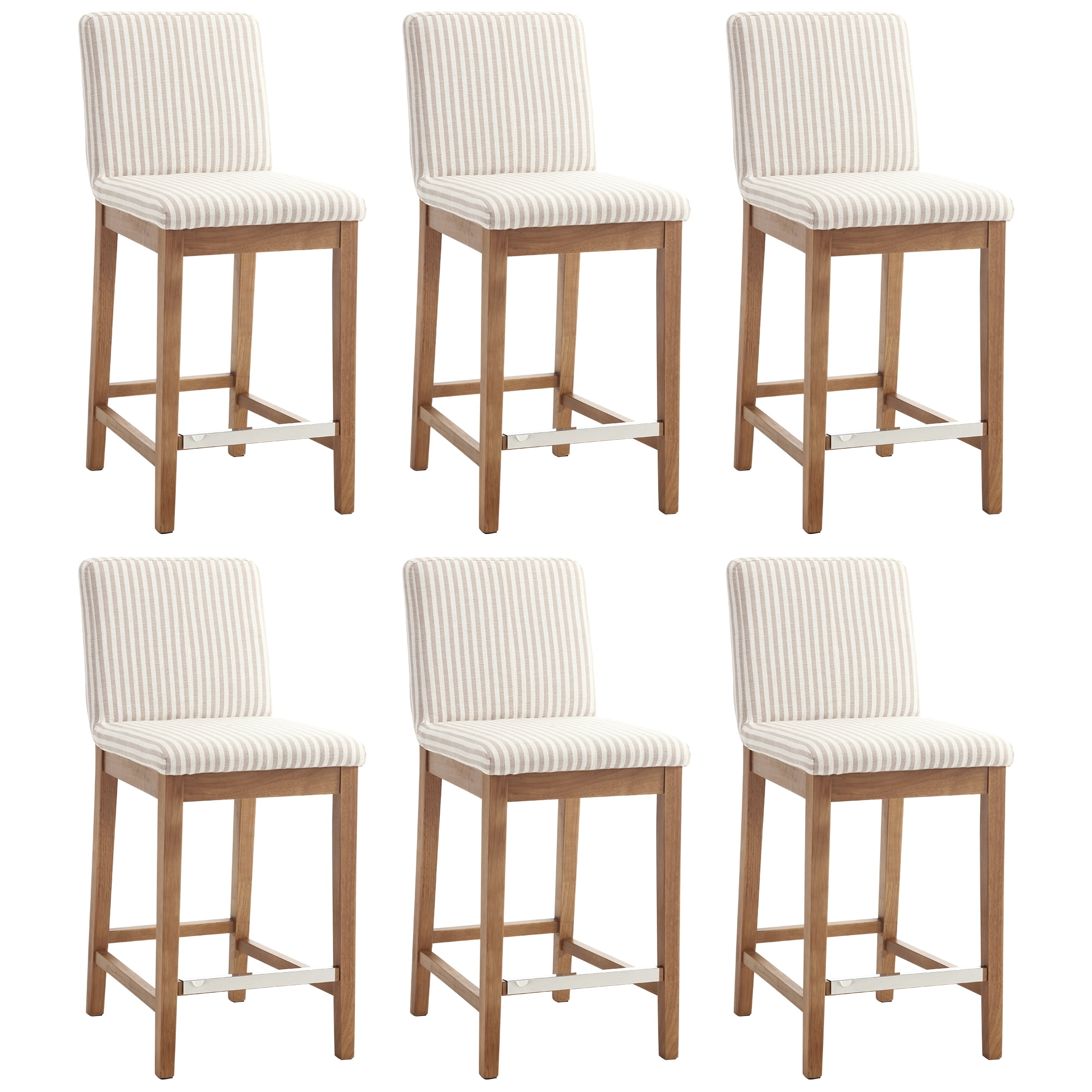 Guyou 26" Counter Height Bar Stools Set of 6, Modern Linen Upholstered Barstools, Rustic Farmhouse Wooden Kitchen Island Chairs with Backrest for Dining Room Home Bar Patio Club, Khaki Stripe