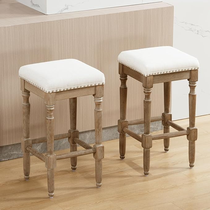 Guyou 26” Farmhouse Counter Stools Without backrest, Upholstered Counter Height Bar Stools with Wood Legs for Kitchen Counter Island, Beige-Brown Legs(Set of 2)