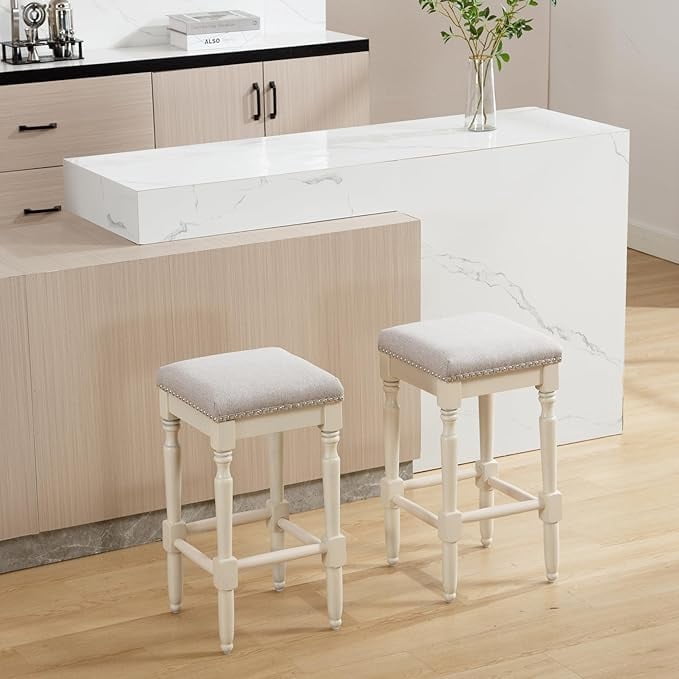 Guyou 26” Farmhouse Counter Stools Without backrest, Upholstered Counter Height Bar Stools with Wood Legs for Kitchen Counter Island, Grey-White Legs(Set of 2)