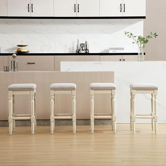 Guyou 26” Farmhouse Counter Stools Without backrest, Upholstered Counter Height Bar Stools with Wood Legs for Kitchen Counter Island, Grey-White Legs(Set of 4)