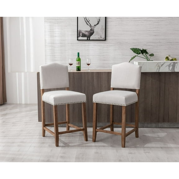 Guyou 26" Farmhouse Wooden Bar Stool Set of 2, Mid Century Linen Upholstered Counter Height Kitchen Island Chair with Nailhead Trim and Back for Restaurant Bar Bistro, Beige