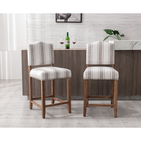 Guyou 26" Farmhouse Wooden Bar Stool Set of 2, Mid Century Linen Upholstered Counter Height Kitchen Island Chair with Nailhead Trim and Back for Restaurant Bar Bistro, Brown Stripe