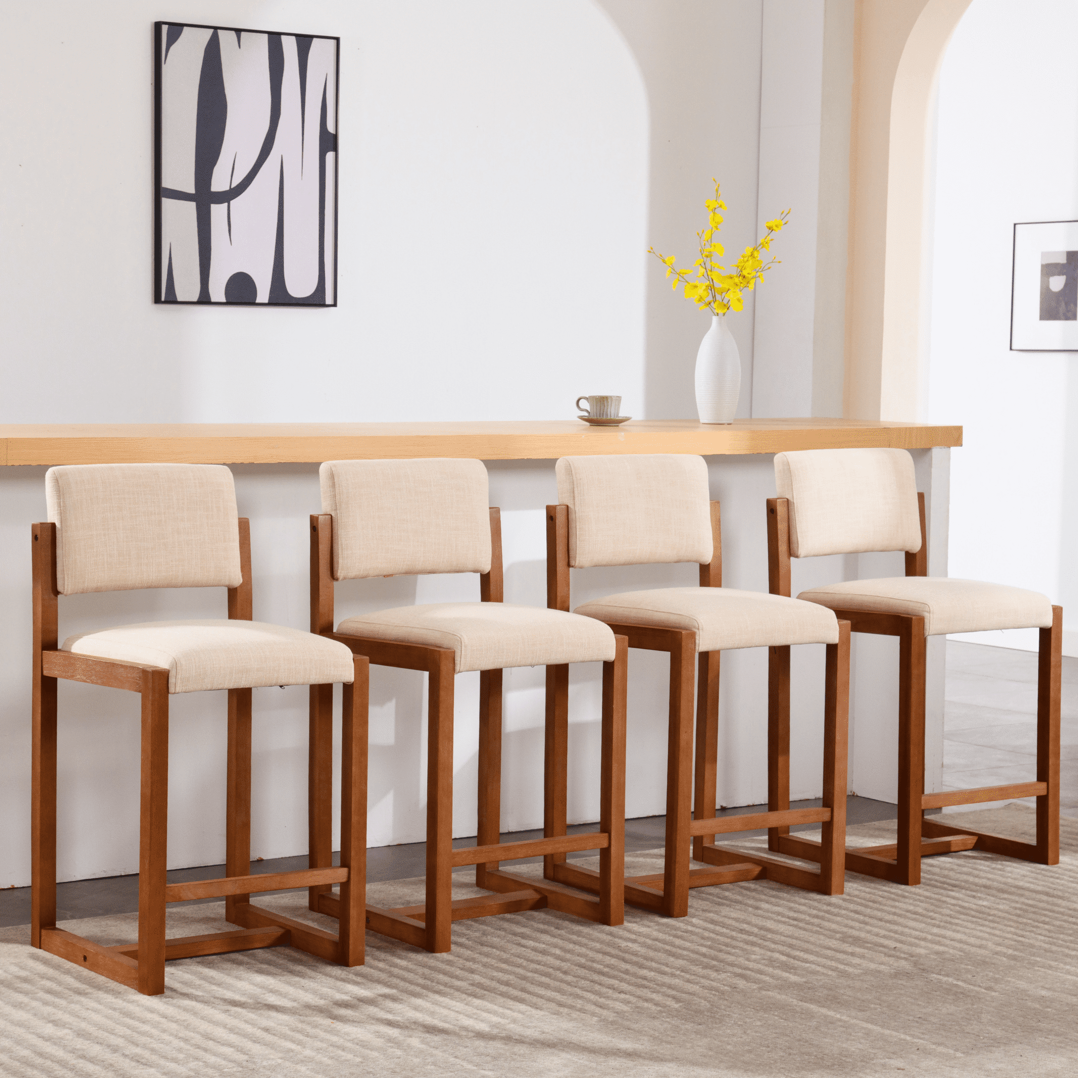 Guyou 26 Inch Begie Linen Bar Stools Set of 4 Rustic Farmhouse Kitchen ...