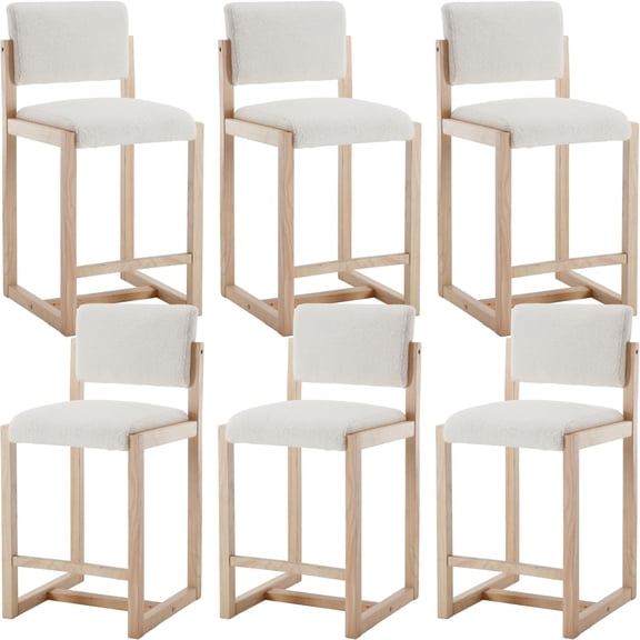 Guyou 26 Inch White Fur Bar Stools Set of 6 Rustic Farmhouse Kitchen Stools with Brushed Wood Log Legs for Cabin Lodge Dining Counter Height Bar Chairs