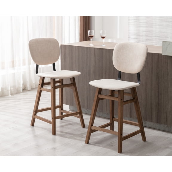 Guyou 26" Modern Bar Stool Set of 2, Farmhouse Upholstered Linen Counter Height Stool with Back and Wooden Legs for Kitchen Island Dining Room Living Room, Cream