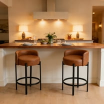 Guyou 26" Modern Bar Stool Set of 2, PU Round Kitchen Stool with Metal Legs, Upholstered Counter Height Stools for Kitchen Islands Dining Room Bar, Brown