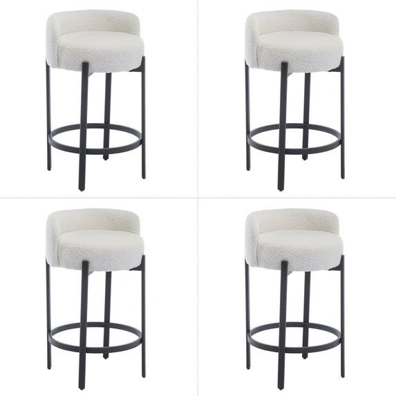 Guyou 26" Modern Bar Stool Set of 4, Sherpa Round Kitchen Stool with Metal Legs, Upholstered Counter Height Stools for Kitchen Islands Dining Room Bar, White