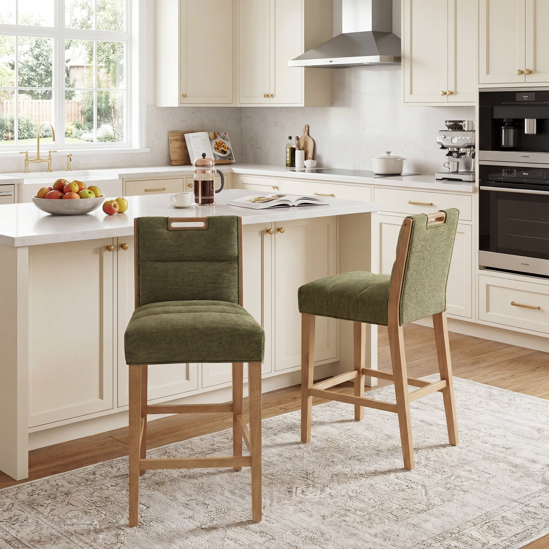 Guyou 26" Modern Bar Stools Set of 2, Chenille Upholstered Counter Height Barstools, Armless Wooden Bar Chairs for Kitchen Island, Home Bar, Green