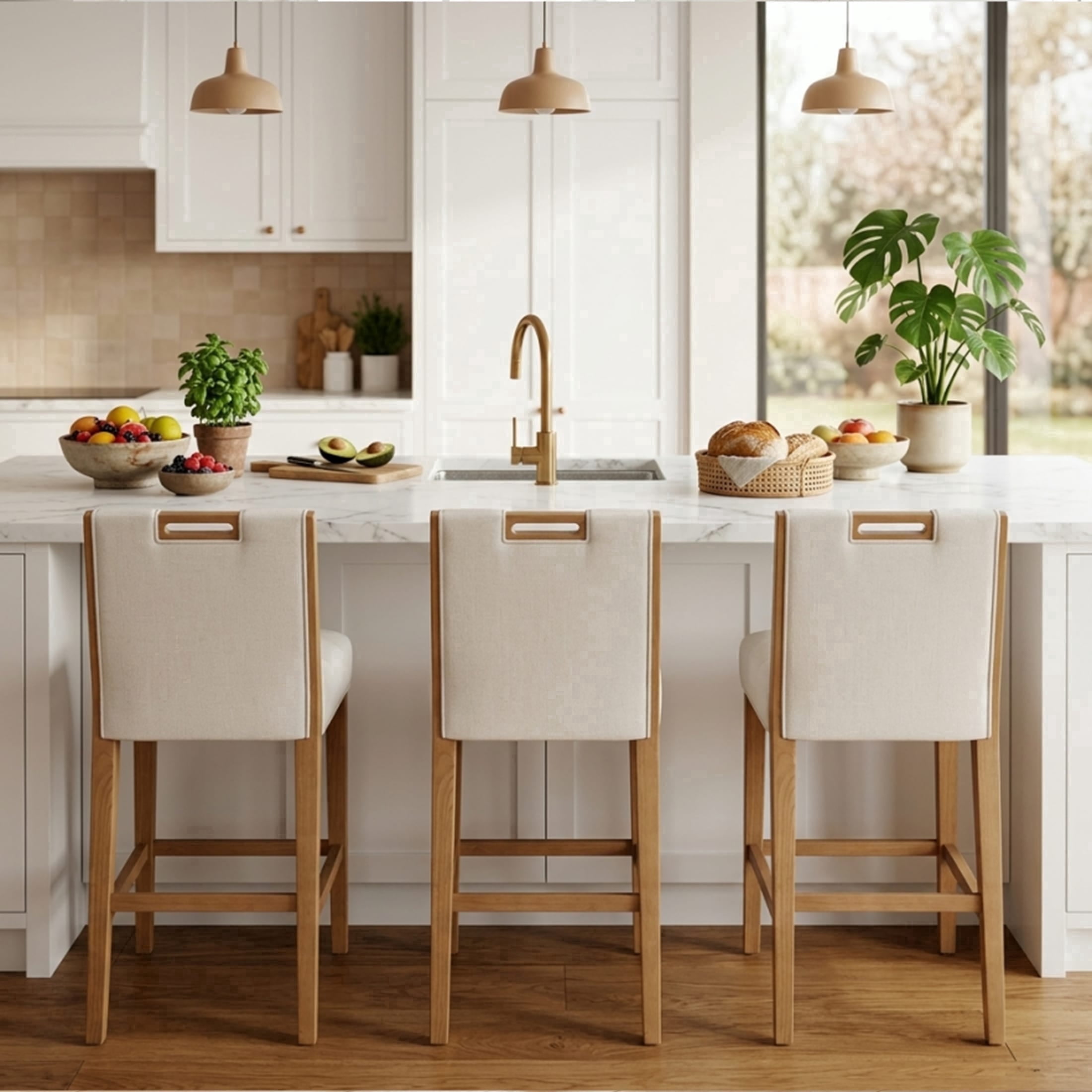 Guyou 26" Modern Bar Stools Set of 3, Chenille Upholstered Counter Height Barstools, Armless Wooden Bar Chairs for Kitchen Island, Home Bar, Beige