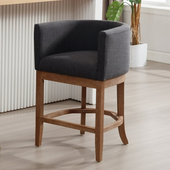 Guyou 26" Modern Counter Height Bar Stools, Barrel Wooden Kitchen Island Chairs, Farmhouse Linen Upholstered Barstools for Restaurant Kitchen Bistro, Charcoal
