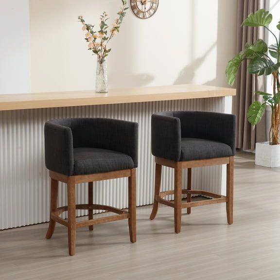Guyou 26" Modern Counter Height Bar Stools Set of 2, Barrel Wooden Kitchen Island Chairs, Farmhouse Linen Upholstered Barstools for Restaurant Kitchen Bistro, Charcoal
