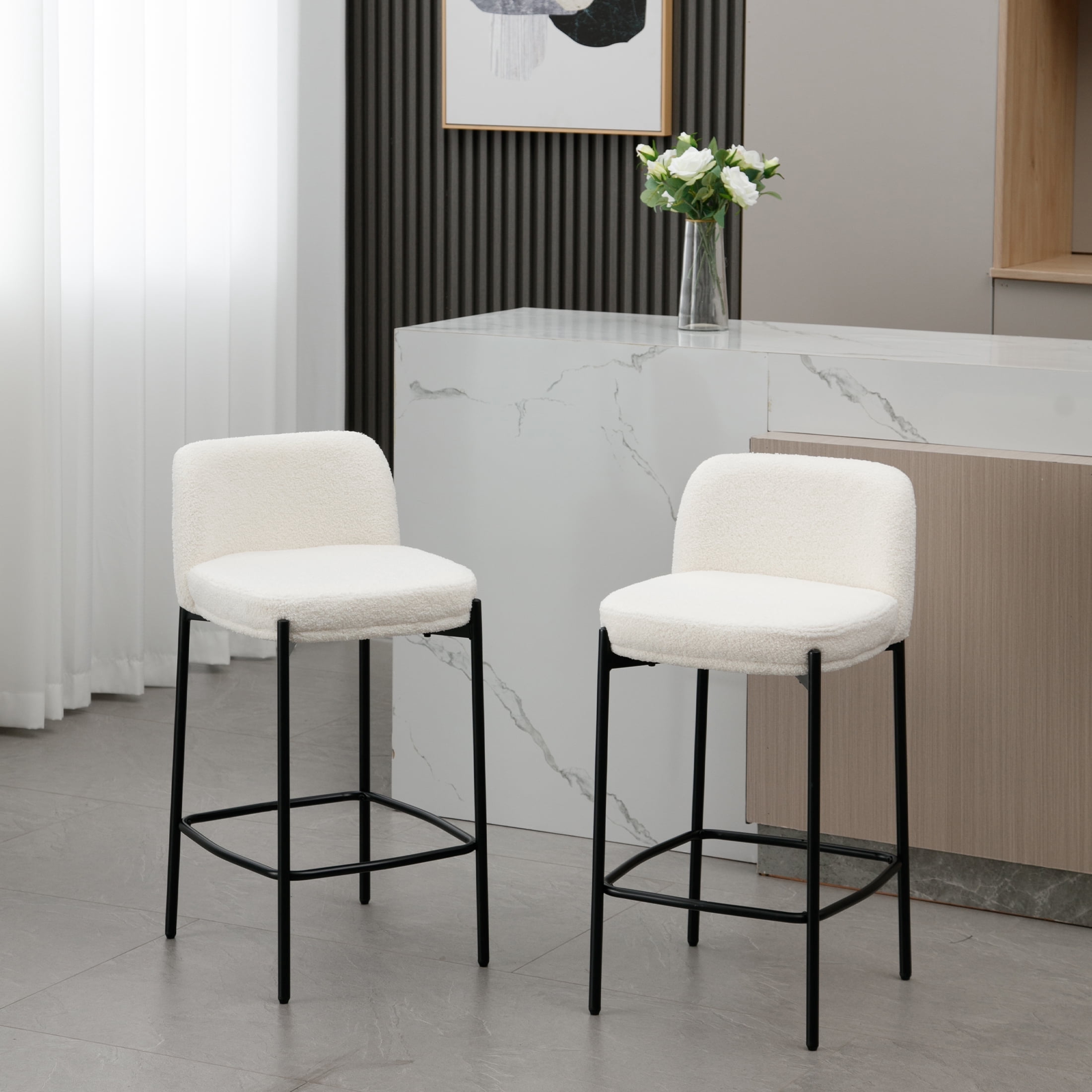 Guyou 26" Modern Counter Height Bar Stools Set of 2, Sherpa Upholstered Boucle Bar Stools, Armless Kitchen Island Chairs for Dining Room Bar Bistro, White