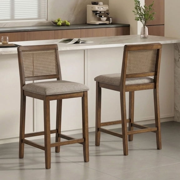 Guyou 26" Rattan Bar Stools Set of 2, Farmhouse Chenille Upholstered Counter Height Stools with Cane Woven Back, Mid-Century Modern Wooden Bar Chairs for Kitchen Island, Walnut Brown