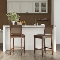 Guyou 26" Rattan Bar Stools Set of 2, Farmhouse Faux Leather Upholstered Counter Height Stools with Cane Woven Back, Mid-Century Modern Wooden Bar Chairs for Kitchen Island, Walnut Brown