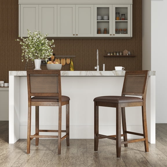 Guyou 26" Rattan Bar Stools Set of 2, Farmhouse Faux Leather Upholstered Counter Height Stools with Cane Woven Back, Mid-Century Modern Wooden Bar Chairs for Kitchen Island, Walnut Brown