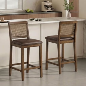 Guyou 26" Rattan Bar Stools Set of 2, Farmhouse Faux Leather Upholstered Counter Height Stools with Cane Woven Back, Mid-Century Modern Wooden Bar Chairs for Kitchen Island, Walnut Brown