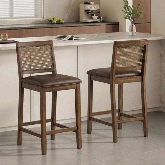 Guyou 26" Rattan Bar Stools Set of 2, Farmhouse Faux Leather Upholstered Counter Height Stools with Cane Woven Back, Mid-Century Modern Wooden Bar Chairs for Kitchen Island, Walnut Brown