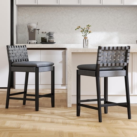 Guyou 26" Rattan Bar Stools Set of 2, Farmhouse Woven Wooden Counter Height Stools with Footrest, Leather Upholstered Bar Chairs for Kitchen Island, Pub & Bar, Black