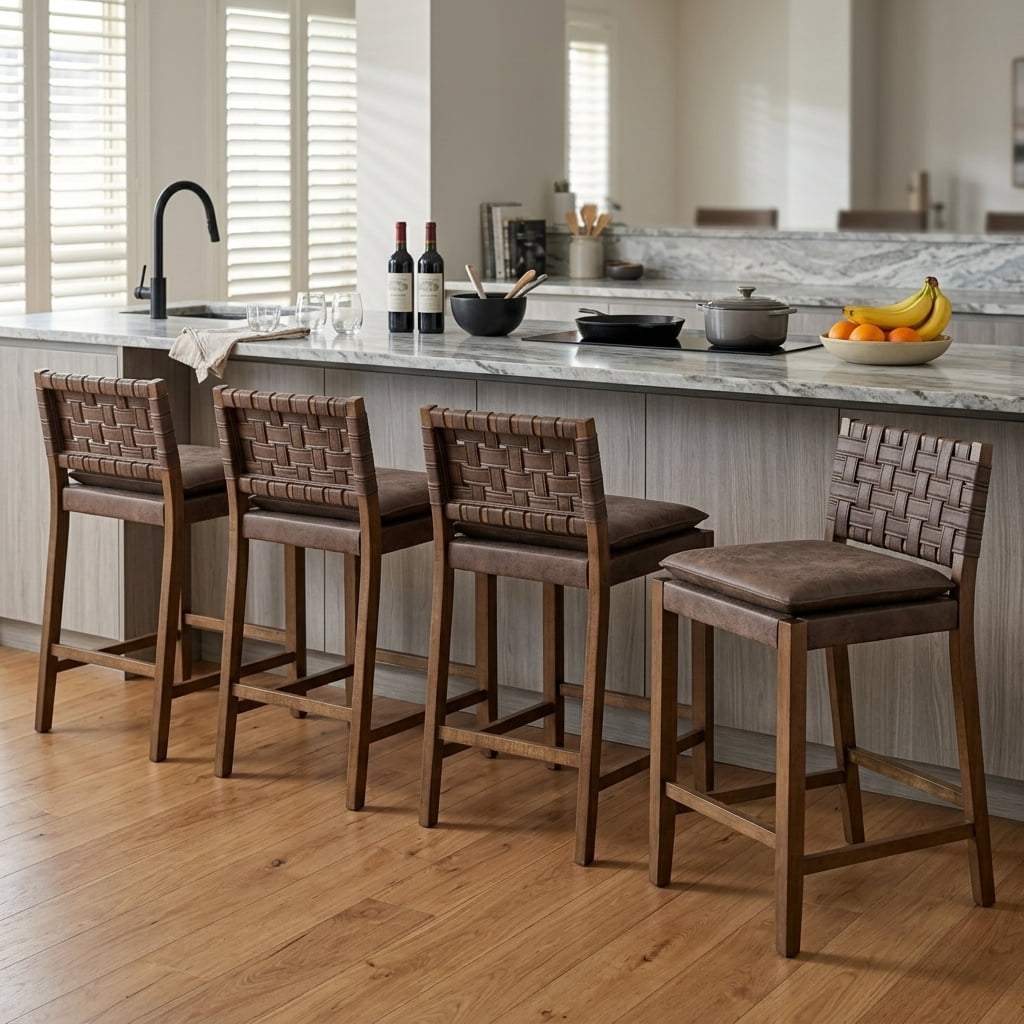 Guyou 26" Rattan Bar Stools Set of 4, Farmhouse Woven Wooden Counter Height Stools with Footrest, Leather Upholstered Bar Chairs for Kitchen Island, Pub & Bar, Brown