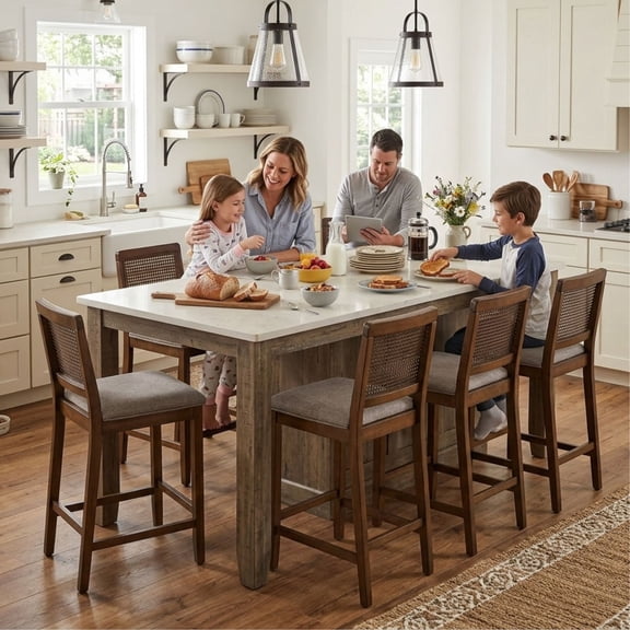 Guyou 26" Rattan Bar Stools Set of 6, Farmhouse Chenille Upholstered Counter Height Stools with Cane Woven Back, Mid-Century Modern Wooden Bar Chairs for Kitchen Island, Walnut Brown