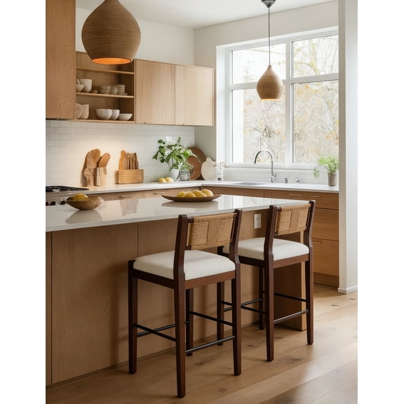 Guyou 26" Rattan Barstools Set of 2, Boho Solid Wood Counter Height Bar Stools, Chenille Upholstered Kitchen Island Chairs for Dining Room Bar, White